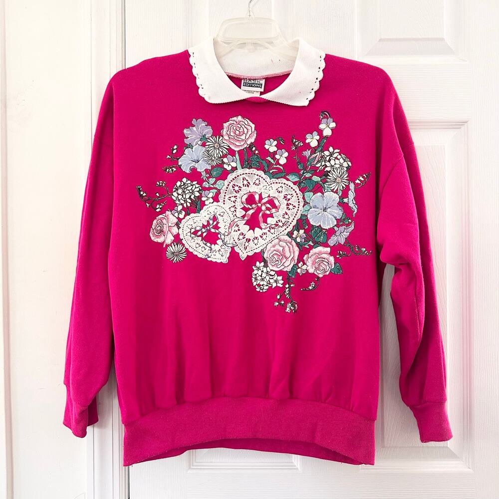 Basic Ediition Pink Scallop Collared Granny Cottage Sweatshirt Flowers Hearts L